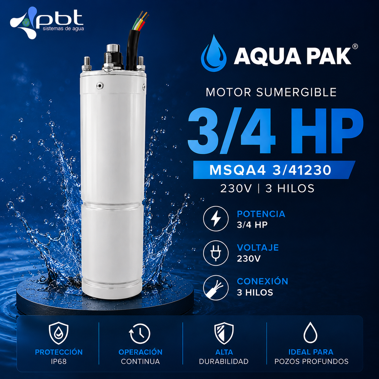MOTOR SUMERGIBLE 3/4 HP AQUA PAK MSQA4 3/41230