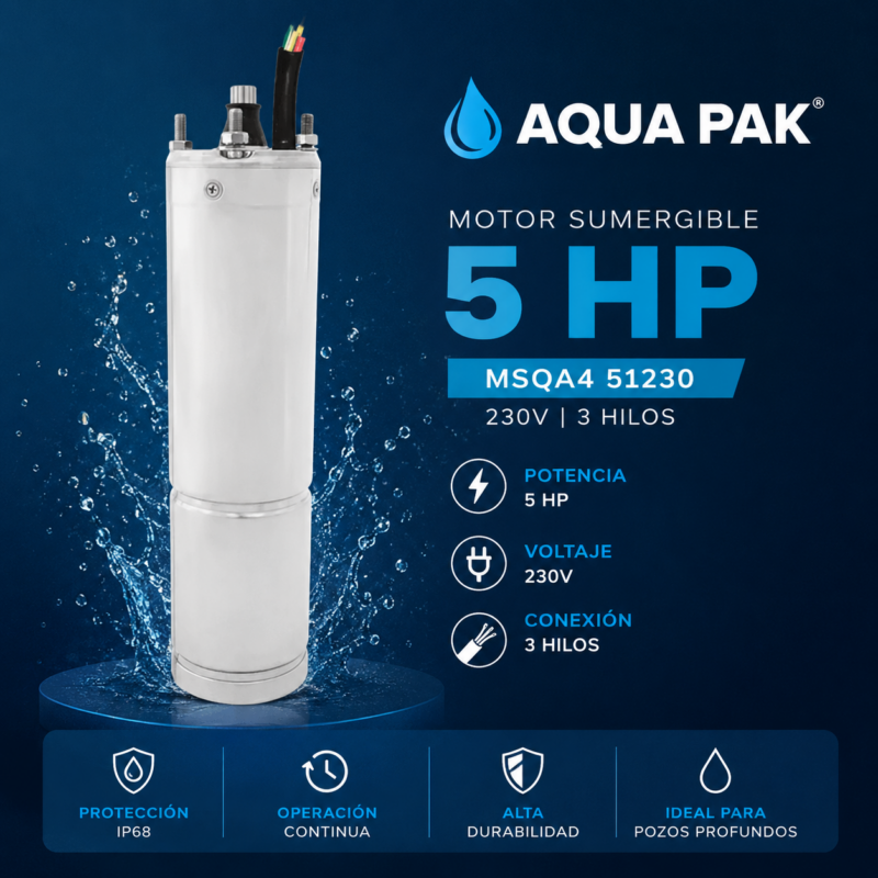 MOTOR SUMERGIBLE 5 HP AQUA PAK MSQA4 51230 230V 3 HILOS