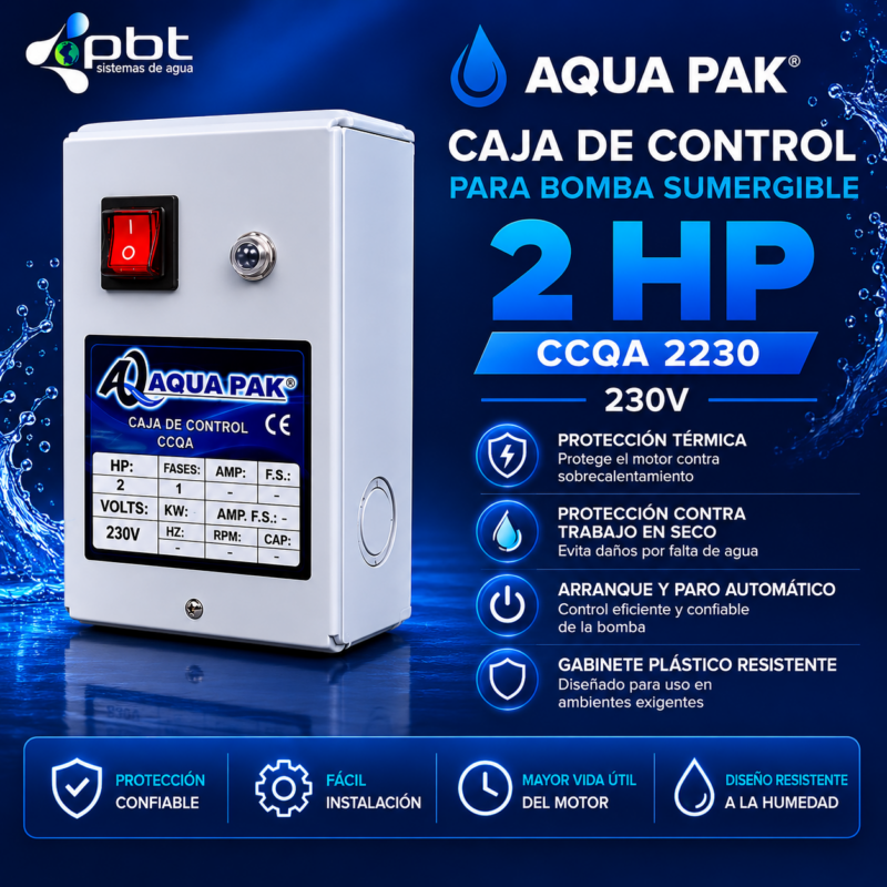 CAJA DE CONTROL PARA BOMBA SUMERGIBLE 2 HP AQUA PAK CCQA 2230 230V