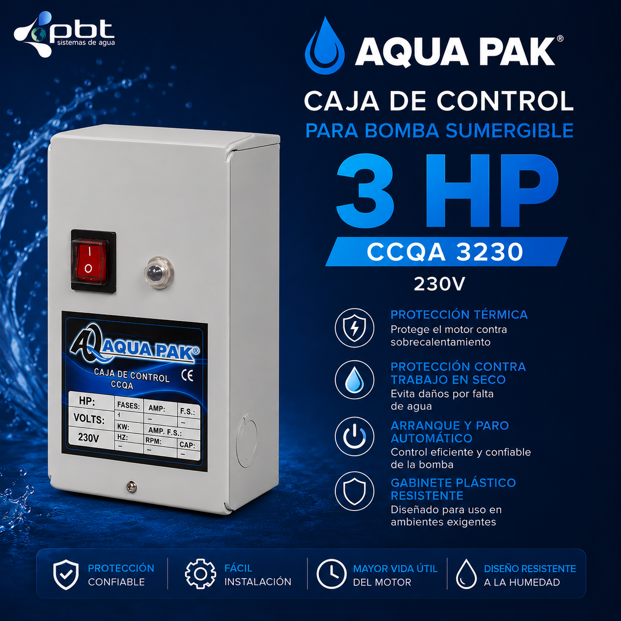 CAJA DE CONTROL PARA BOMBA SUMERGIBLE 3 HP AQUA PAK CCQA 3230 230V