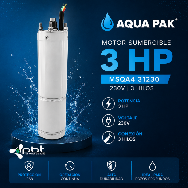 MOTOR SUMERGIBLE 3 HP AQUA PAK MSQA4 31230 230V 3 HILOS
