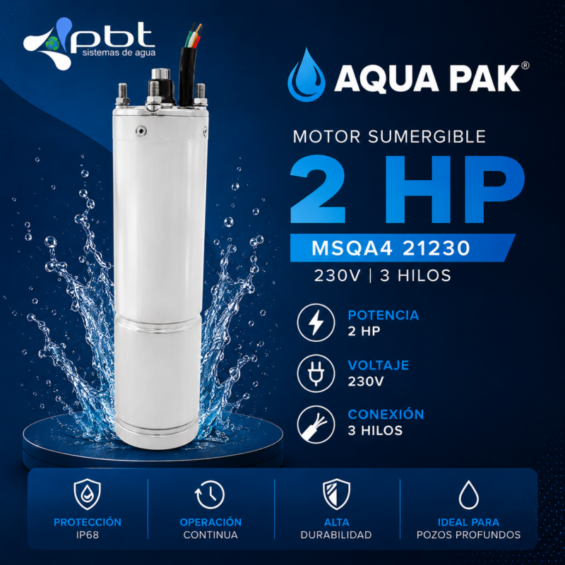 MOTOR SUMERGIBLE 2 HP AQUA PAK MSQA4 21230 230V 3 HILOS