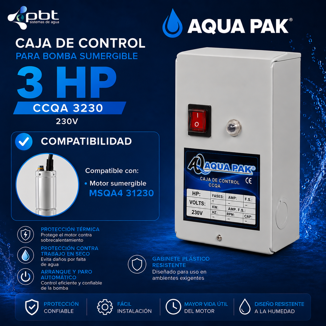 CAJA DE CONTROL PARA BOMBA SUMERGIBLE 3 HP AQUA PAK CCQA 3230 230V - Imagen 2